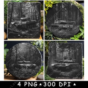Tanque blindado Bosque Vehículo militar Escena de batalla Archivo láser Posavasos Quemar Escala de grises Pizarra Imagen PNG Grabar Blanco y negro Grabado CO2 Cnc