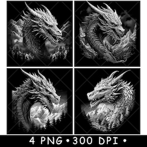 May include: Four black and white digital illustrations of a dragon's head with a mountain and forest background.
