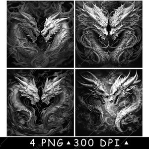 Dragon jumeaux mythe fantastique duo Drache Dungeon Thrones scène fichier laser sous-verre graver en niveaux de gris ardoise image PNG graver noir blanc gravure CO2 Cnc