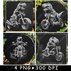 T-Rex en motocicleta, dinosaurio, jinete, divertido animal, fantasía, archivo láser, posavasos, escala de grises, pizarra, imagen PNG, grabado, blanco y negro, grabado, CO2, CNC
