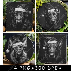 Pastor alemán con gorro de Papá Noel, temporada navideña, archivo láser, posavasos, escala de grises, pizarra, imagen PNG, grabado, blanco y negro, CO2, CNC