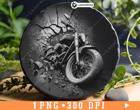 Motorcycle Breaking Wall Rebellious High Speed Adventure Laser File Coaster Burn Grayscale Slate PNG Image Engrave Black White Etch CO2,one