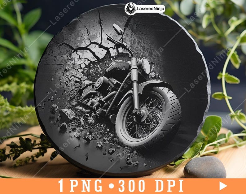 May include: A black and white image of a motorcycle with a cracked asphalt background. The motorcycle is in focus and the background is blurred.