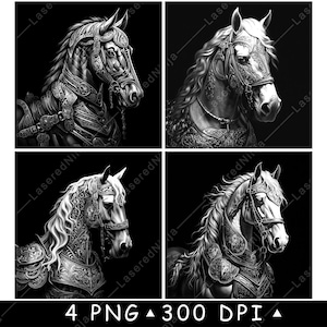 Armure de cheval cheval de guerre médiéval équipement de cavalerie plaque métallique fichier laser dessous de verre graver en niveaux de gris ardoise image PNG graver noir blanc gravure CO2 Cnc