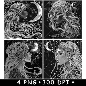 May include: Four grayscale illustrations of ethereal women with long flowing hair, adorned with celestial elements like moons and stars. Each portrait is set against a dark background, creating a mystical and enchanting atmosphere. The image includes the text "4 PNG • 300 DPI •".