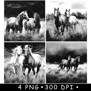 Couple de chevaux prairie paire scène Arabian Mustang fichier laser ardoise gravure noir et blanc PNG, Images, Glowforge, Lightburn, CO2, Cnc