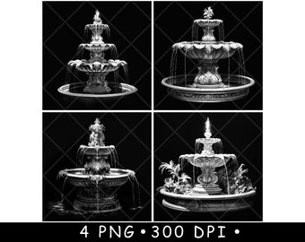 Tiered Fountain Cascading Water Round Basin Carved Pedestal Garden Plants Black and White Design