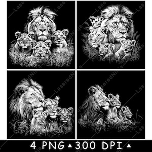 Família de leão filhote África cena de vida selvagem rei selva alfa arquivo laser coaster queimar tons de cinza ardósia imagem PNG gravar preto branco gravar CO2 CNC