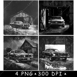 Mustang classique Muscle Car Old Barn Furious V8 fichier laser vitesse rapide sous-bock graver en niveaux de gris ardoise image PNG graver noir blanc gravure CO2 Cnc