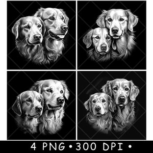 Couple de têtes Golden Retriever Paire de chiens de compagnie papa maman canin fichier laser sous-bock graver en niveaux de gris ardoise image PNG graver noir blanc gravure CO2 Cnc