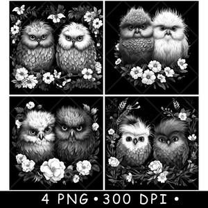 Linda pareja de pájaros, pequeño bebé, búho esponjoso, polluelos adorables, archivo láser, posavasos, escala de grises, pizarra, imagen PNG, grabado, blanco y negro, grabado, CO2, CNC