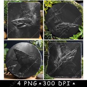 May include: Four black slate coasters with a white graphic design of a shark and a ship. The coasters are 300 DPI and are available as PNG files.