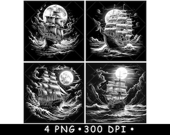 Moonlit Sailing Ship Pirate Galleon PNG Ocean Voyage Laser Engraving Nautical CNC Design Print Art