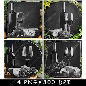 Wijnfles Glas Kaas Druiven Eten Gastronomisch Wijngaard Kunst Laserbestand Onderzetter Branden Grijswaarden leisteen PNG-afbeelding graveren zwart wit etsen CO2 CNC