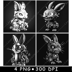 Puede incluir: Cuatro ilustraciones digitales en blanco y negro de personajes de conejos robóticos. Cada conejo tiene una pose y una expresión diferentes. Los conejos están estilizados y tienen un diseño futurista.