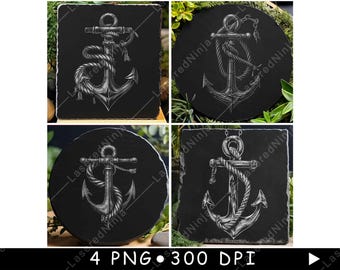 Colección de símbolos marinos monocromáticos en blanco y negro de anclas náuticas con cuerda para grabado láser