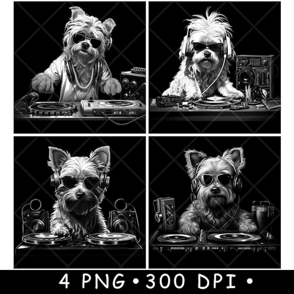 Dj Yorkie Yorkshire Terrier Kleiner Hund Hip-Hop Szene Untersetzer Laserdatei Schiefer Ätzgravur Schwarz Weiß PNG Bilder,Glowforge,LightBurn,CO2,Cnc