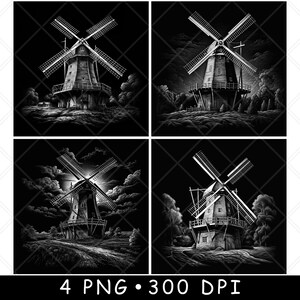 Puede incluir: Cuatro ilustraciones en blanco y negro de molinos de viento. Cada imagen representa una vista diferente de un molino de viento holandés tradicional, sobre un cielo oscuro con nubes y árboles. El texto "4 PNG • 300 DPI" está en la parte inferior.