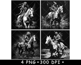 Native Warrior Horse Bundle Black White Tribal Rider Wilderness PNG Laser Engraving Design