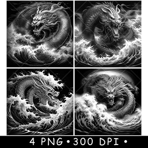 Drago di mare Serpente Onde Mito Drache Cinese Acqua Scena Laser File Sottobicchiere Brucia Scala di grigi Ardesia PNG Immagine Incidere Nero Bianco Incisione CO2 Cnc