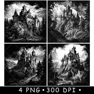 Château médiéval palais gothique Écosse tour Dracula Bran fichier laser sous-bock graver en niveaux de gris ardoise image PNG graver noir blanc gravure CO2 Cnc