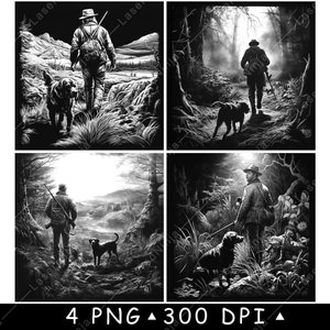 Chasseur chien explorateur expédition trappeur aventure extérieur fichier laser sous-bock graver en niveaux de gris ardoise image PNG graver noir blanc gravure CO2 Cnc