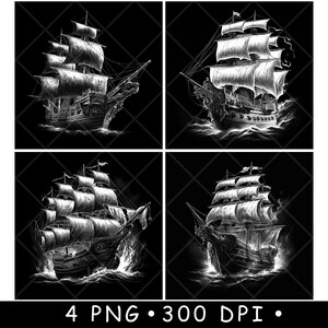 Bateau pirate Viking voile mer océan galion bateau en bois fichier laser dessous de verre graver en niveaux de gris ardoise image PNG graver noir blanc gravure CO2 Cnc