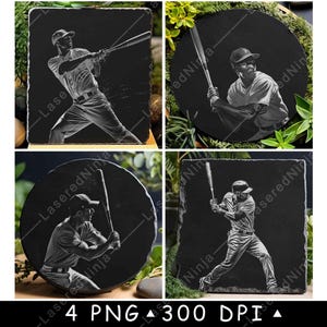 Baseball Spieler Fledermaus Schaukel Strike Ball Sport Home Base Laufen Laser-Datei-Untersetzer Brennen Graustufen Schiefer PNG Bild gravieren schwarz weiß Etch CO2 Cnc
