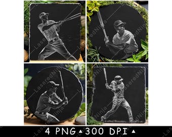 May include: Four black slate coasters with a white silhouette of a baseball player holding a bat. Each coaster features a different pose of the player.