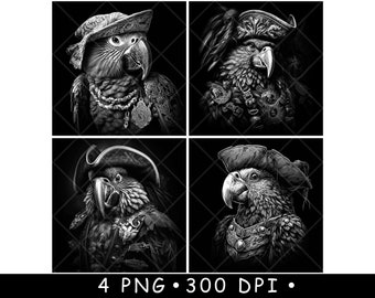 Parrot Pirate Bird Macaw Raider Hat Bandit Pet Ara Coaster Laser File Slate Etch Engrave Black White PNG Images,Glowforge,LightBurn,CO2,Cnc