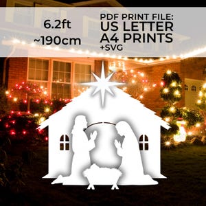 Op de afbeelding: Een witte kerststal-silhouet met een ster erboven, met Maria, Jozef en het kindje Jezus in een kribbe. De tekst luidt "6.2ft ~190cm" en "PDF PRINT FILE: US LETTER A4 PRINTS +SVG".