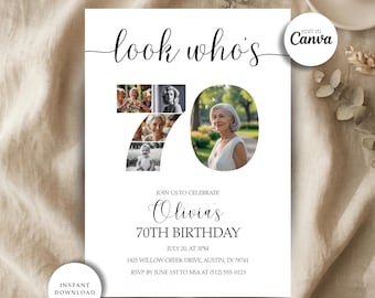 Invitación de cumpleaños número 70 con collage de fotos de números, invitación digital editable de Canva