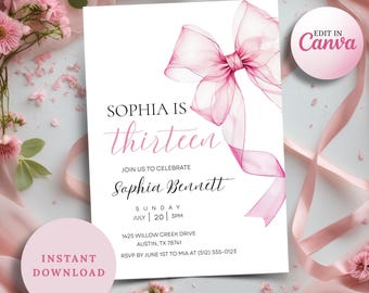 Pink Bow 13th Birthday Invitation: Elegant Coquette Party, Editable Canva Template (Digital Download)