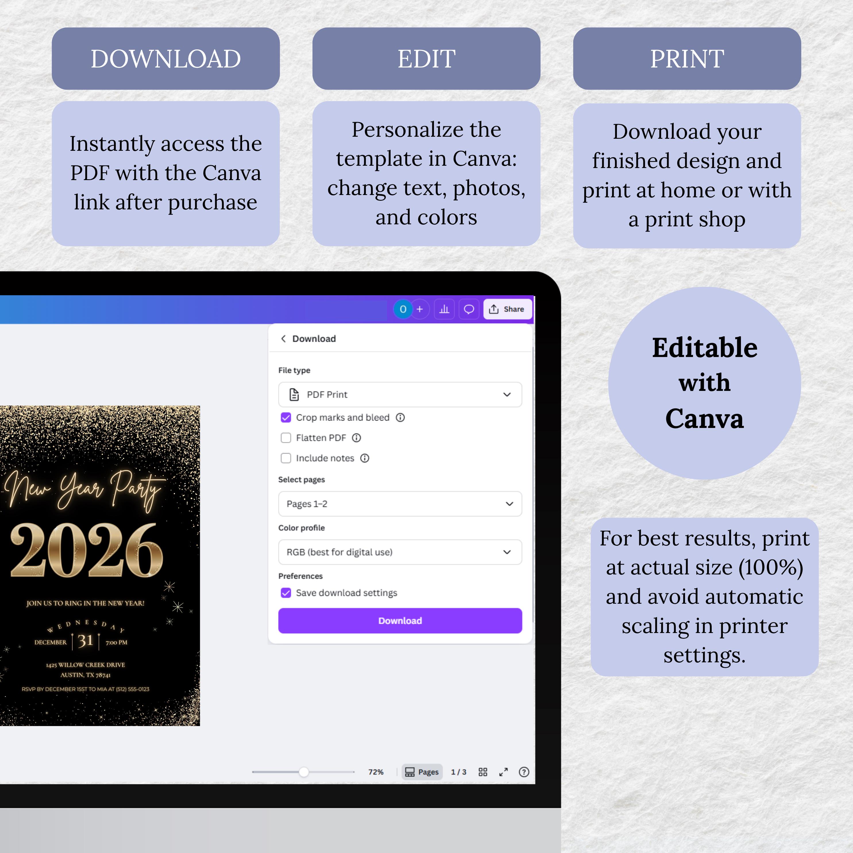 New Year Party Invitation 2026, Black and Gold Canva Template: Editable ...