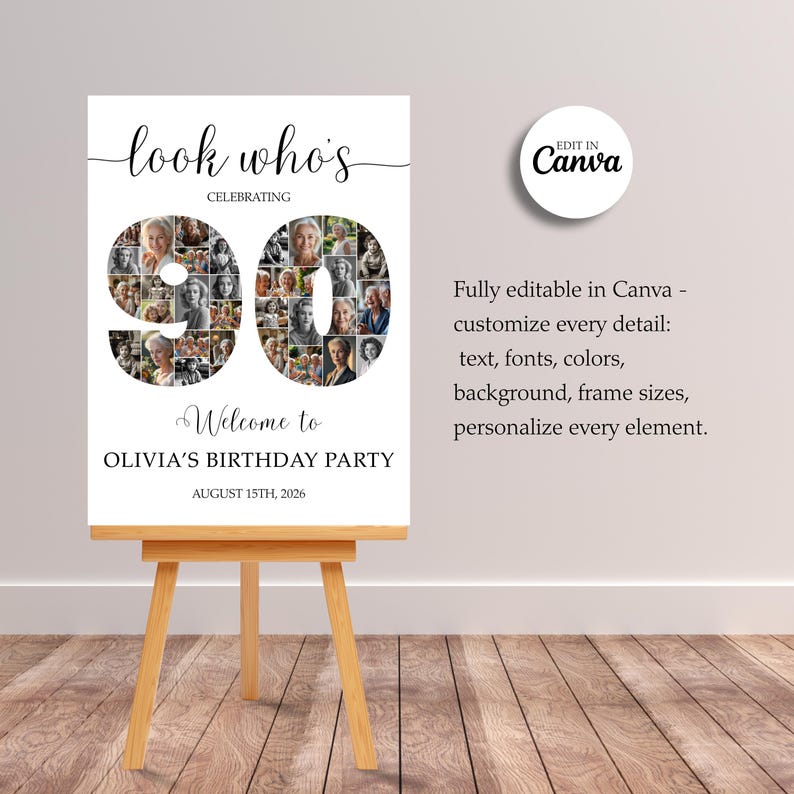 90th Birthday Welcome Sign: Editable Number Photo Collage (birthday ...