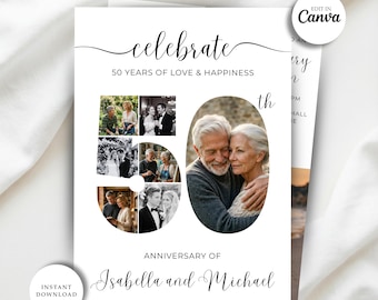 Könnte beinhalten: Eine weiße Jubiläumskarte mit dem Text "celebrate 50 YEARS OF LOVE & HAPPINESS". Die Karte zeigt eine Collage von Fotos und die Worte "ANNIVERSARY OF Isabella and Michael". Die Karte hat auch den Text "INSTANT DOWNLOAD".