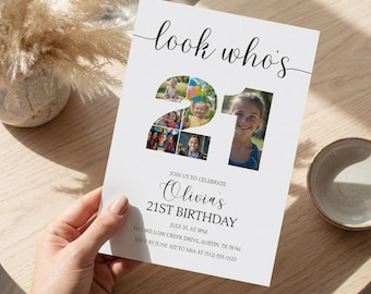 21st Birthday Invitation with Number Photo Collage, Editable Canva Digital Invite