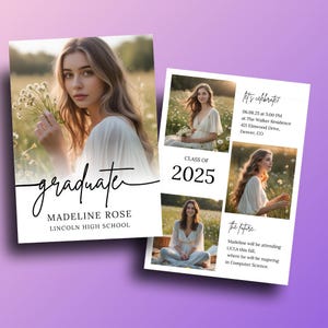 Faire-part de remise des diplômes moderne pour elle, faire-part de fin d'études modifiable pour les filles, carte numérique pour diplômés de la promotion 2025, modèle sur toile d'invitation pour femmes