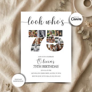 Puede incluir: Tarjeta de invitación blanca con el texto "look who's" en fuente cursiva. El número 75 está relleno de fotos. La invitación dice "75 cumpleaños de Olivia" con detalles del evento y texto "Descarga instantánea".