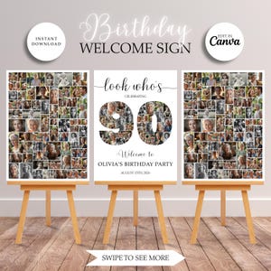 May include: A birthday welcome sign with the text "Birthday Welcome Sign" and "Edit in Canva". The sign features a collage of photos forming the number 90 and the words "look who's celebrating". The sign is for Olivia's birthday party.
