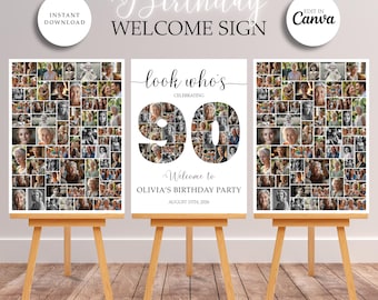 May include: A birthday welcome sign with the text "Birthday Welcome Sign" and "Edit in Canva". The sign features a collage of photos forming the number 90 and the words "look who's celebrating". The sign is for Olivia's birthday party.