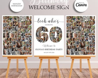 Collage de fotos editable para 60 cumpleaños: cartel de bienvenida con foto y número