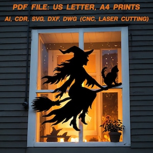 May include: A black silhouette of a witch riding a broom with a black cat, set against a window with warm interior lighting. The witch wears a pointed hat and flowing robes. Text at the top reads: PDF FILE: US LETTER, A4 PRINTS, AI, CDR, SVG, DXF, DWG (CNC, LASER CUTTING).
