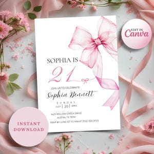 Pink Bow 21st Birthday Invite | Editable Coquette Party Template | Digital Canva Invitation for Her Milestone Celebration
