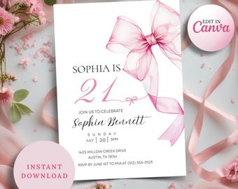 Pink Bow 21st Birthday Invitation | Coquette Party, Canva Template (Digital Download)