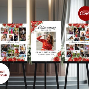 Conjunto de 3 plantillas de collage de fotos funerarias con rosas rojas / Póster conmemorativo editable / Collage de celebración de la vida / Letrero de "En memoria amorosa"