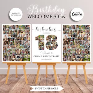 May include: Three wooden easels display a birthday welcome sign. The central sign reads "look who's celebrating 18" with a collage of photos. The sign also includes "Welcome to Olivia's Birthday Party, August 15th, 2026."