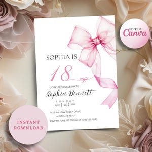 Invito per il 18° compleanno di una ragazza con fiocco rosa / Invito di compleanno Coquette modificabile / Modello digitale per lei / Elegante biglietto d'auguri con fiocco rosa