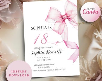 Chic Pink Bow 18. Geburtstagseinladung: Bearbeitbare Coquette Party Vorlage (Digitaler Download)