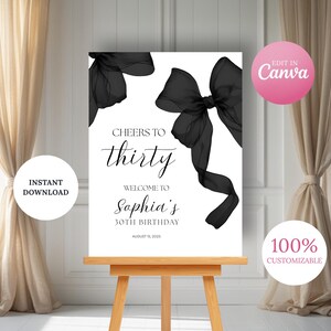 Elegant 30th Birthday Decor | Black Bow Welcome Sign | Printable Party Poster | Custom Canva Template | Instant Download